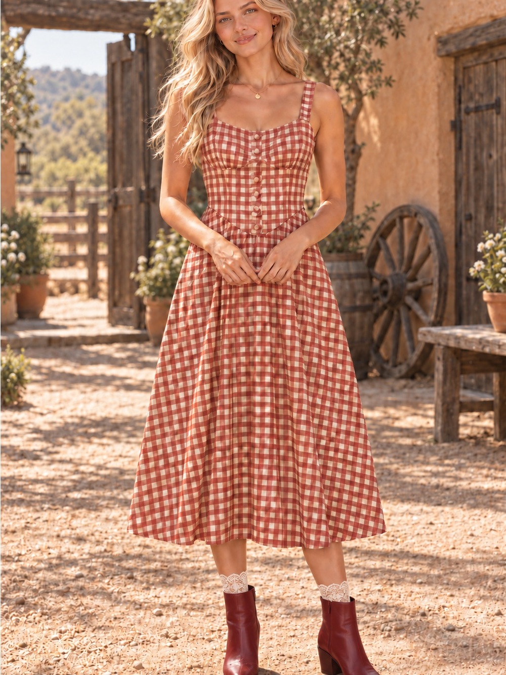Cider Rust & Cream Gingham Midi Dress with Button Front